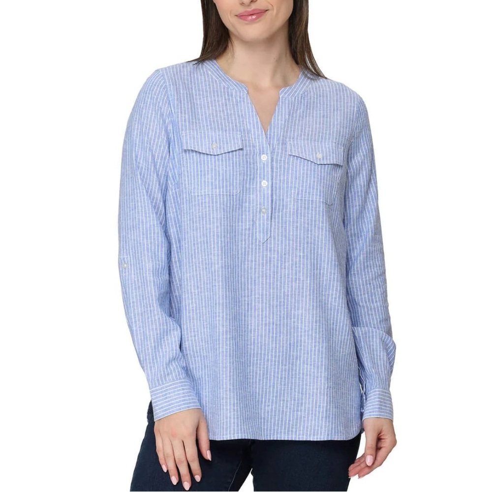 Tahari Linen Blend‎ Blue & White Striped Buttoned Shirt Size Small Cottagecore